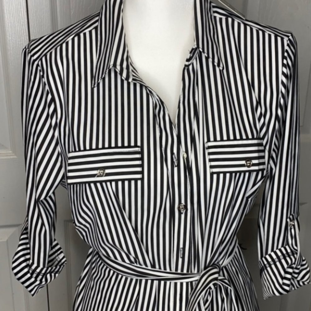 Black and White Stripe Belted Midi Dress Ft Pocket